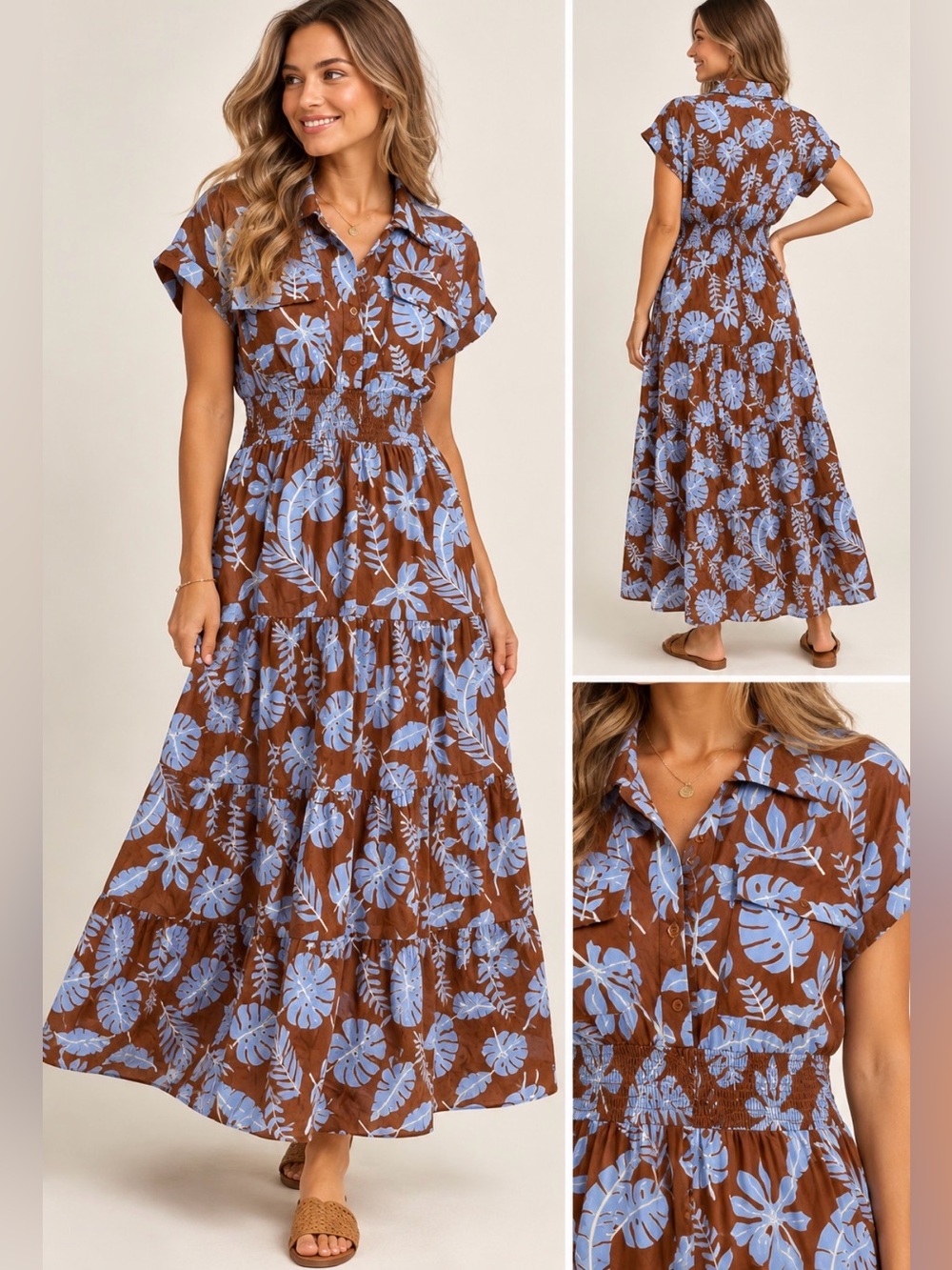 EUC Kings Road Brown Blue Tropical Leaf Smocked Tiered Maxi Dress L
